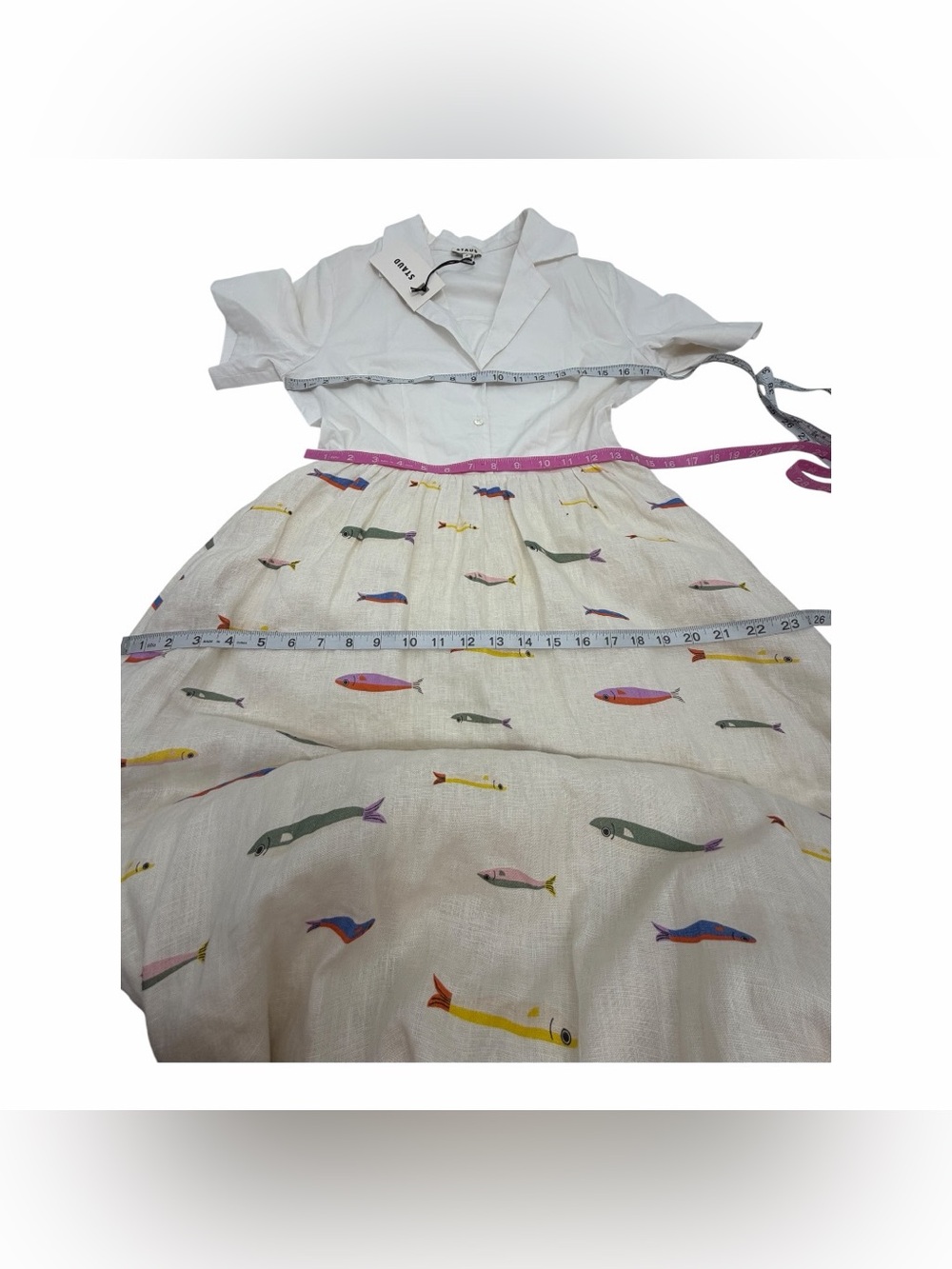 STAUD White 100% Linen Fish Print Maxi Shirt Dress Size S NWT Coastal Resort - Picture 7 of 12